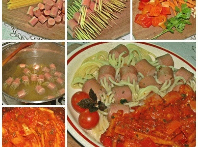 Spagettivel tűzdelt virsliragu