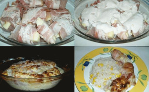 Sajttal töltött pulykamell baconba tekerve