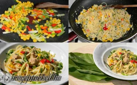 Tavaszi, tonhalas spagetti medvehagymával