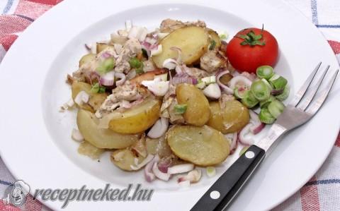 Tejszínes, fokhagymás csirkemell csíkok, krumpliágyon