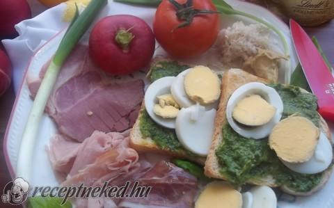 Húsvéti reggeli sonkával, tojással, pestos toasttal