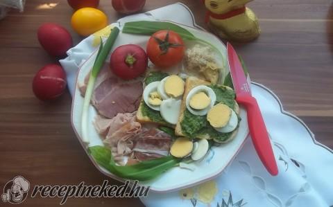 Húsvéti reggeli sonkával, tojással, pestos toasttal
