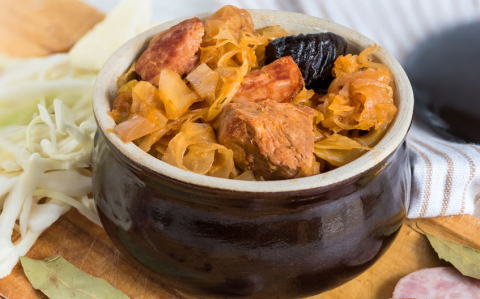 Bigos-traditional Polish dish of finely chopped meat, mushrooms, and sausage with sauerkraut and shredded fresh cabbage. The dish is also traditional for Belarusian, Ukrainian and Lithuanian cuisine.