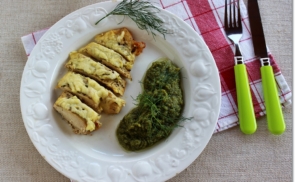 Sajtos csirkemell kapros zöldbabpürével
